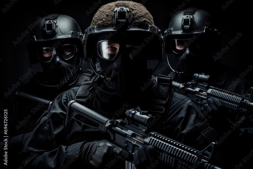Group of special forces soldiers in black uniforms and helmets. Studio ...