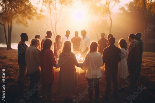 Silhouette of a group of people on the background of the setting sun, A group of believers engaged in a circle of prayer with soft, serene bokeh, AI Generated photo