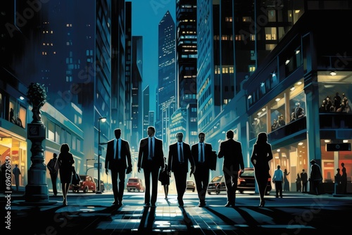 Business People Walking Commuter Cityscape Urban Concept. 3D Rendering, A group of businesspeople walking down a city street at night, AI Generated photo