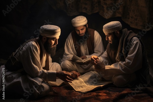 Three wise men reading the holy bible in the room of the mosque, A group of Muslims reading Quranic verses together with warm, AI Generated photo