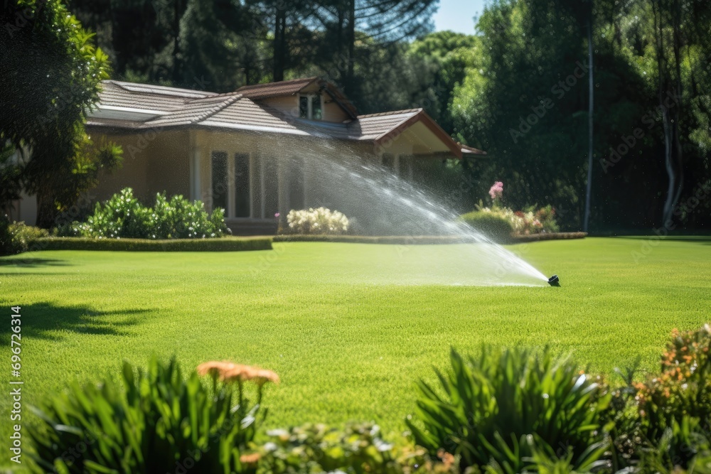 Irrigation system watering the green lawn in the garden with a house in the background, Automatic sprinkler system watering the lawn, AI Generated