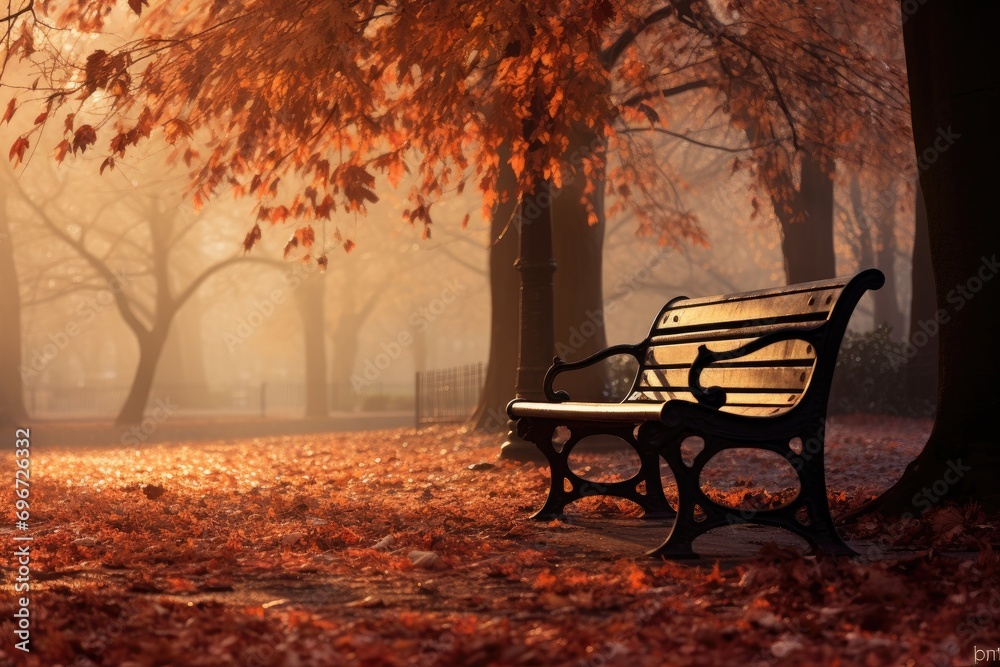 Autumn forest in fog. Beautiful nature scene with sunbeams, autumn in the park, AI Generated