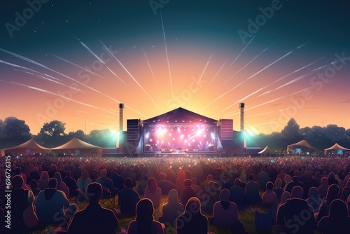 Concert stage with people silhouettes and rays of light at night, audience at an outdoor concert at stadium arena, AI Generated