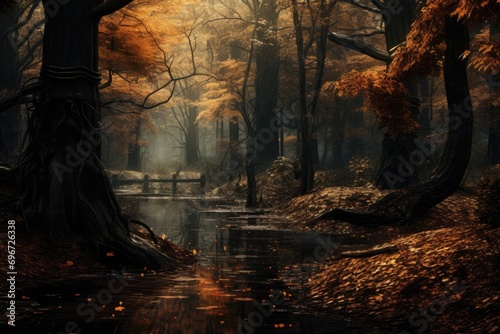 Fantasy landscape with river in the autumn forest. 3D rendering, autumn in the park, AI Generated