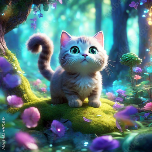 Cute little kitten in a fantasy forest