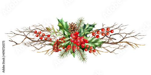 Watercolor illustration of a New Year's composition of fir branches, holly, rowan, twigs. Hand drawn to decorate cards, frames, advertisements, notices, etc. photo