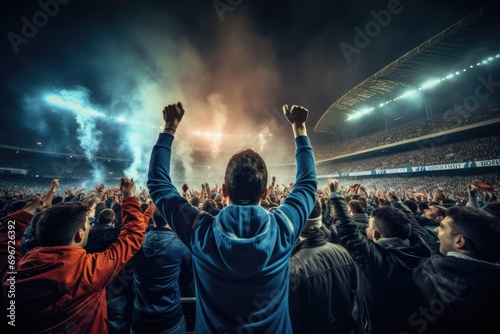 Crowd cheering at a soccer or football stadium during a match, Rear view of cheering football fans in stadium, AI Generated © Iftikhar alam