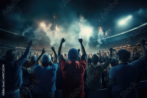 Cheering crowd at a live music concert in front of the stage, Rear view of cheering football fans in stadium, AI Generated © Iftikhar alam