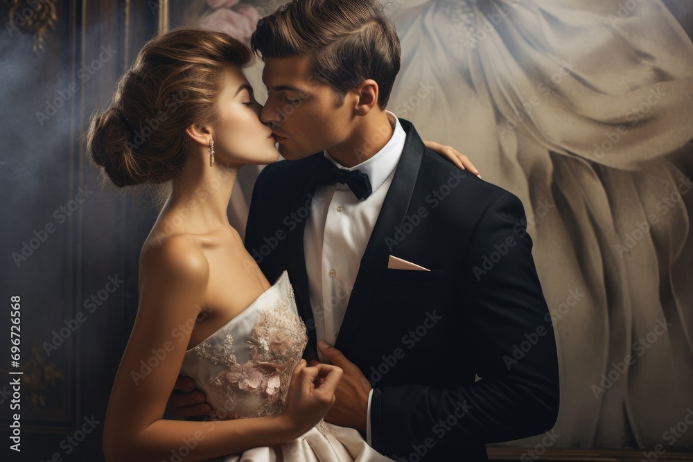 beautiful bride and groom embracing and kissing on background of vintage interior, Beautiful couple, woman in wedding dress, man in suit, kissing, AI Generated