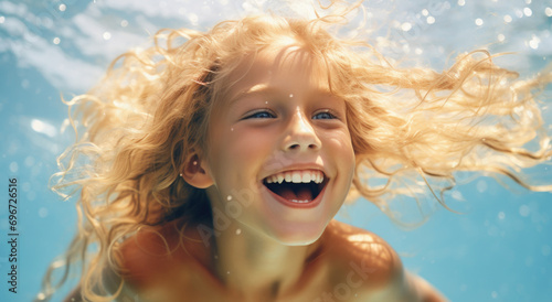 A young girl is smiling under the water. Generative AI. © Natalia