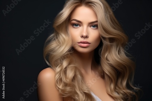 Portrait of beautiful young woman with long wavy blond hair, picture of beautiful blonde woman fashion model after salon hairdresser procedure, AI Generated