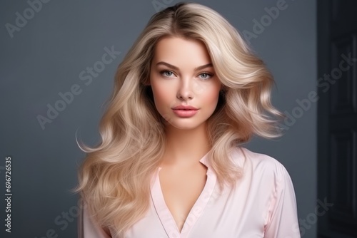 Portrait of a beautiful young woman with long blond hair. Perfect makeup, picture of beautiful blonde woman fashion model after salon hairdresser procedure, AI Generated