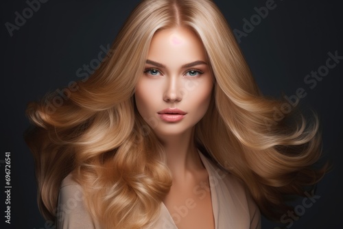 Portrait of a beautiful blond woman with long wavy hair  picture of beautiful blonde woman fashion model after salon hairdresser procedure  AI Generated