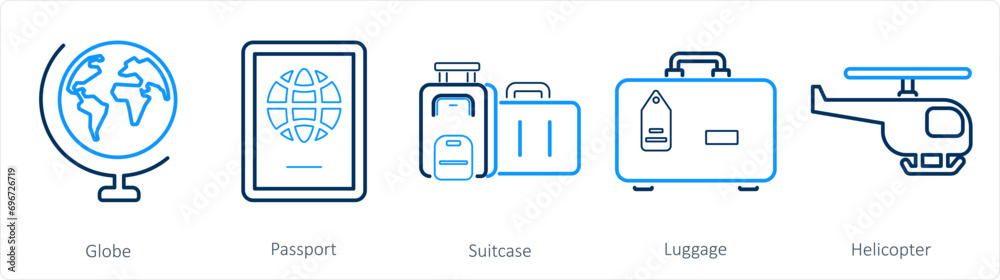 A set of 5 mix icons as globe, passport, suitcase A set of 5 mix icons as globe, passport, suitcase