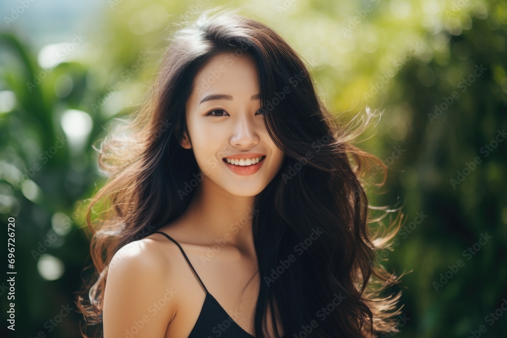 Portrait of a beautiful young asian woman with long black hair, beautiful young asian model woman smiling, AI Generated Portrait of a beautiful young asian woman with long black hair, beautiful young asian model woman smiling, AI Generated