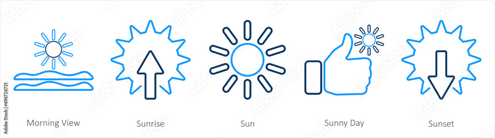 A set of 5 mix icons as morning view, sunrise, sun A set of 5 mix icons as morning view, sunrise, sun