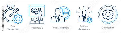A set of 5 mix icons as time management, presentation, business management