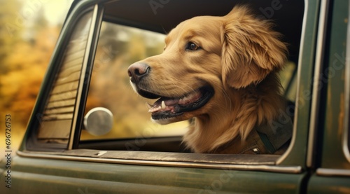 A golden retriever dog is looking out the window of a car. Generative AI.