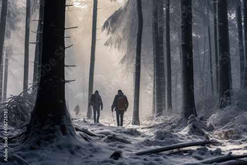 Two people walk in the winter forest with snow and fog in the background, Best agers enjoying a winter walk, snowy forest, AI Generated photo