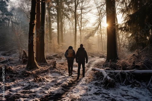 Couple walking in winter forest at sunrise. Man and woman walking in winter forest, Best agers enjoying a winter walk, snowy forest, AI Generated photo