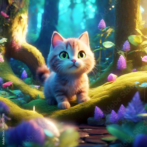 Cute little kitten in a fantasy forest