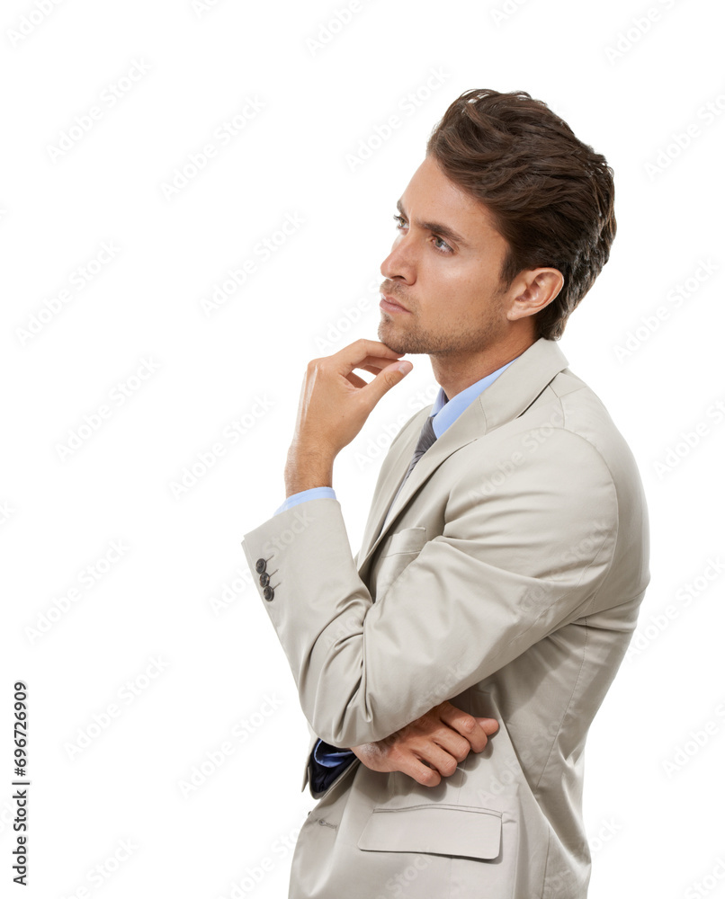 Thinking, idea and young businessman in a studio with brainstorming, question or guess face. Decision, option and profile of professional male person with choice facial expression by white background Thinking, idea and young businessman in a studio with brainstorming, question or guess face. Decision, option and profile of professional male person with choice facial expression by white background