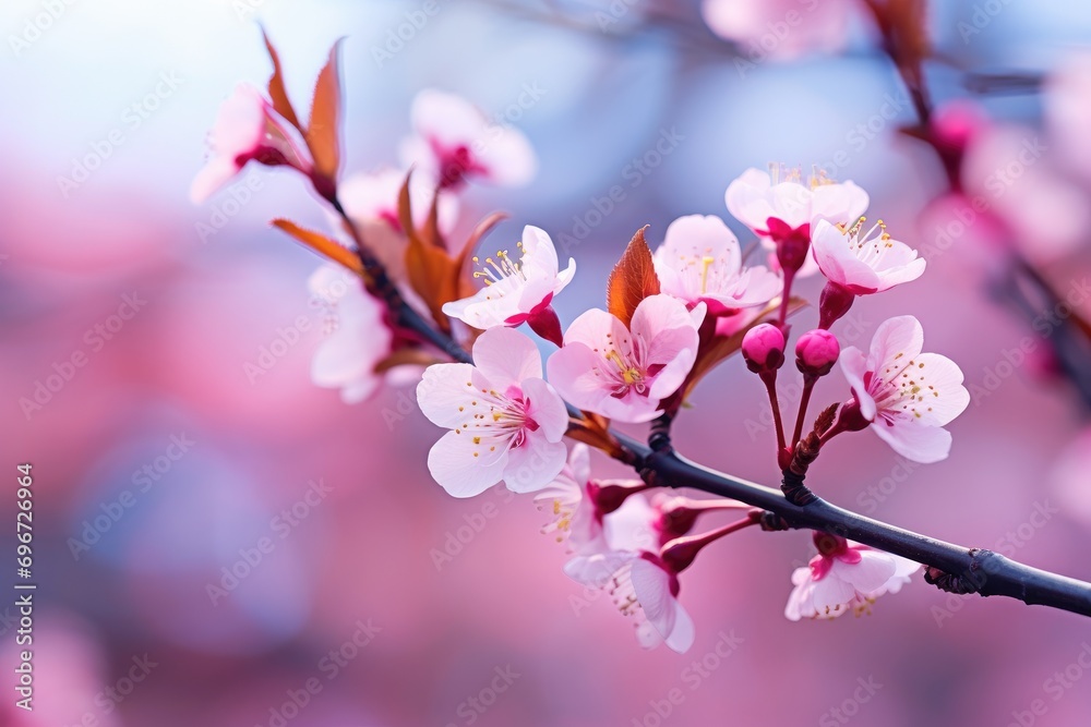 cherry blossom in spring time on blue sky background, shallow dof, Cherry blossom in spring, a macro photo with shallow depth of field, AI Generated