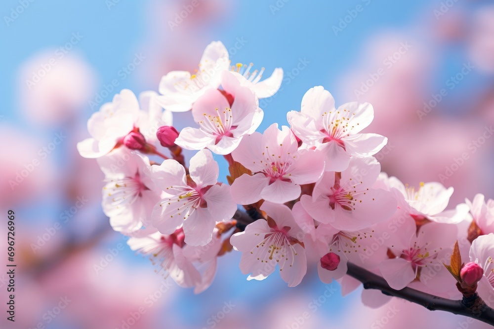 cherry blossom flowers on blue sky background, shallow dof, Cherry blossom in spring, a macro photo with shallow depth of field, AI Generated