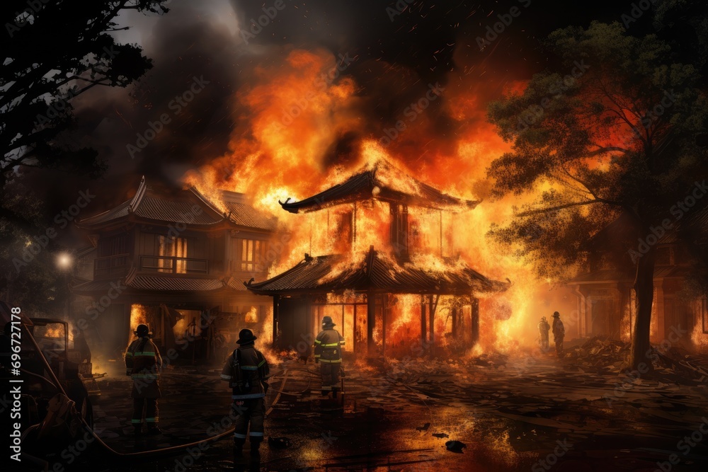 Firefighters extinguish a fire in a temple during a fire, Asian house on fire, and firefighters are working to stop the fire, AI Generated