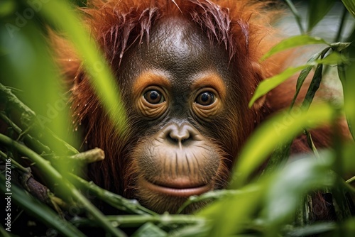 Orangutan in the rainforest of Borneo, Malaysia, An orangutan Pongo pygmaeus is observed in the rainforest of Sumatra, Indonesia, AI Generated photo