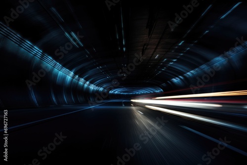 Car light trails in a tunnel. Concept of speed and motion, An underground tunnel with moving cars at night, viewed from below, AI Generated