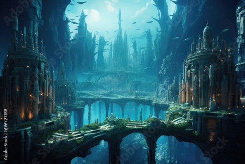 Fantasy landscape. Fantasy worlds. 3d rendering digital illustration, An underwater city where marine creatures and humans coexist, AI Generated © Iftikhar alam
