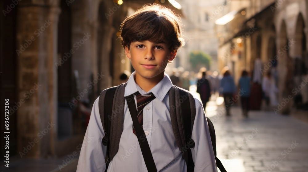 Fototapeta premium A young boy wearing a school uniform stands in the middle of a street. Generative AI.