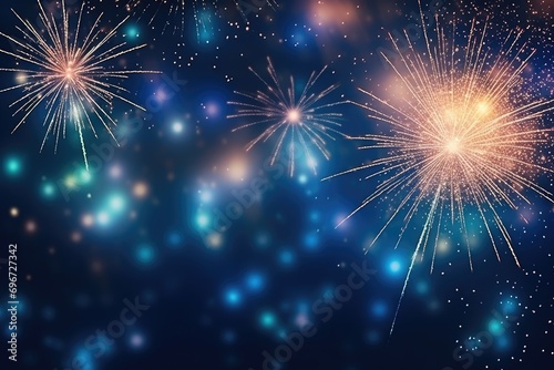 Colorful fireworks with bokeh effect on dark blue sky background, Beautiful firework display for celebration with blurred bokeh light, AI Generated