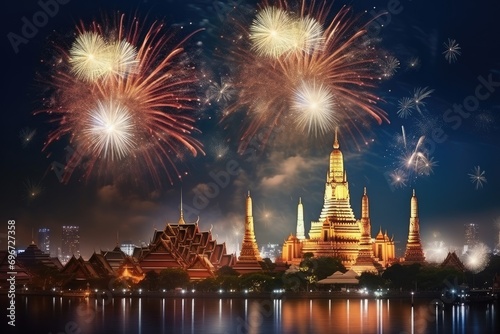 Fireworks over Wat Phra Kaew at night, Bangkok, Thailand, Beautiful firework show for celebration with blurred bokeh light over Phra Nakhon Khiri, AI Generated