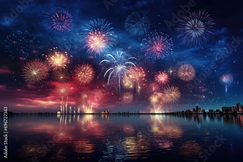 Colorful fireworks with reflection on water, happy new year celebration background, Beautiful fireworks display for celebration night, AI Generated