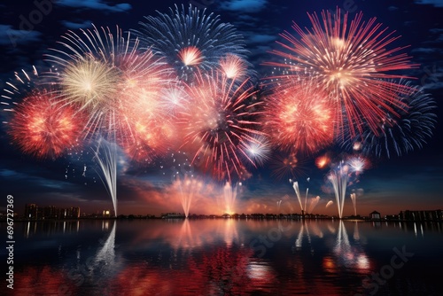 Colorful fireworks of various colors over lake Garda Italy, Beautiful fireworks display for celebration night, AI Generated