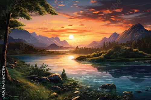 Fantasy landscape with lake and mountains in the background. Digital painting, Beautiful lake landscape with green trees, mountains, and a sunset, AI Generated