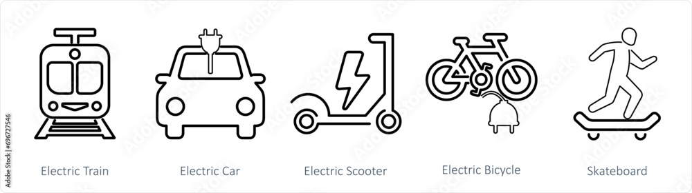 A set of 5 mix icons as electric train, electric car, electric scooter A set of 5 mix icons as electric train, electric car, electric scooter