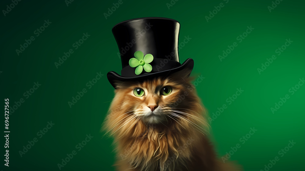 Elegant big red furry cat in St. Patrick's Day costume with yellow eyes and black top hat with ribbon and bow tie on green background