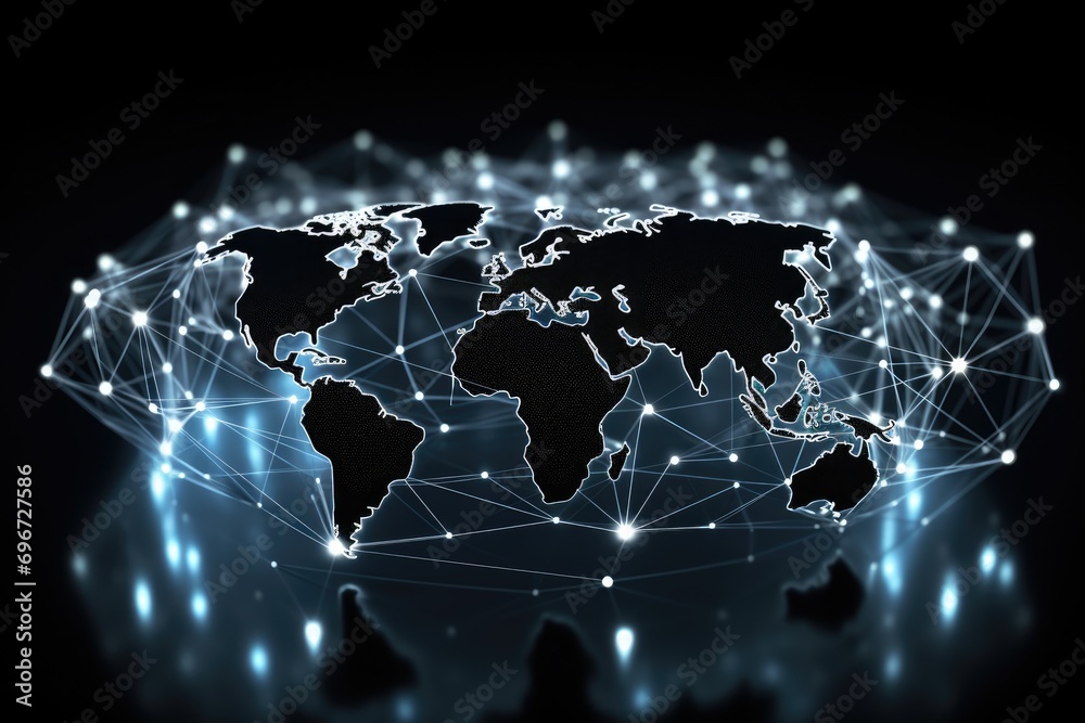 World map with glowing lines and dots on dark background. 3D rendering ...