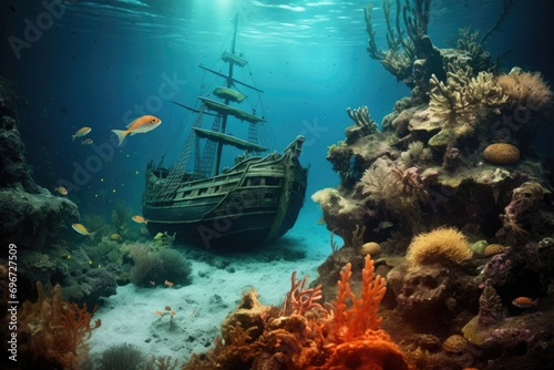 Beautiful underwater world with colorful corals and a pirate ship, Beautiful underwater world with an old shipwreck, coral, and fish, AI Generated © Iftikhar alam