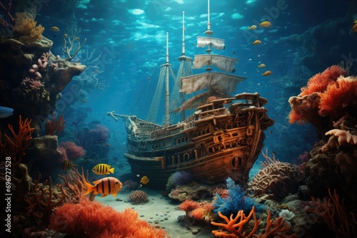 Underwater world with old sunken pirate ship and coral reef, Beautiful underwater world with an old shipwreck, coral, and fish, AI Generated