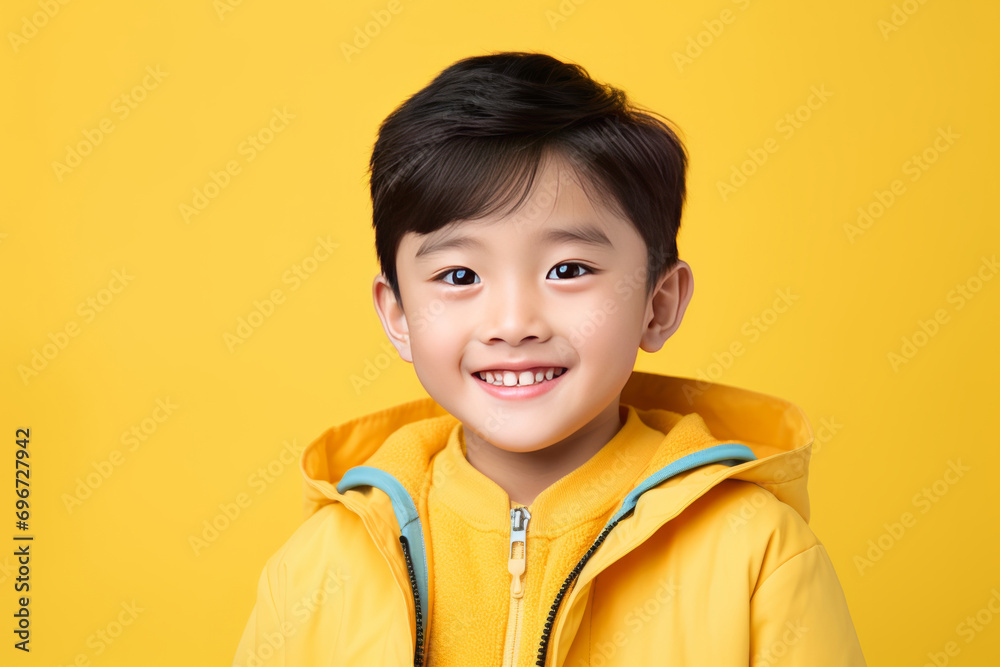 Asian smiling kid boy studio portrait, simple background. AI generative