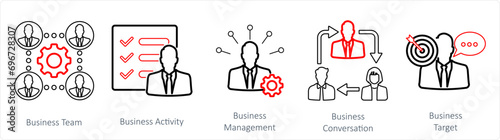 A set of 5 mix icons as business team, business activity, business management
