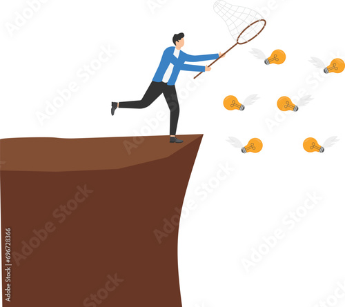 businessman picking up the flying light bulb from the cliff vector illustration

