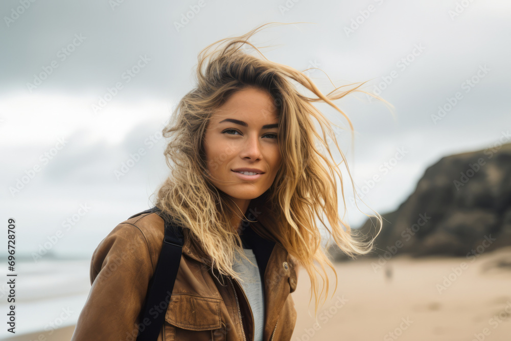 Smiling young woman with windswept hair on a cloudy beach day.