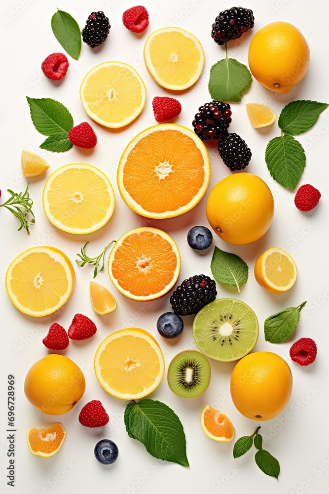 set of different fruits and berries on white background. Top view.