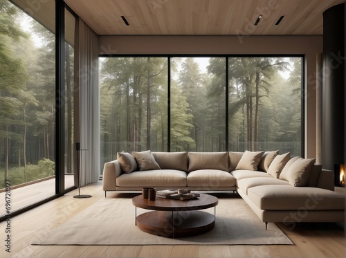 Beige corner sofa in room with round floor to ceiling window. Minimalist home interior design