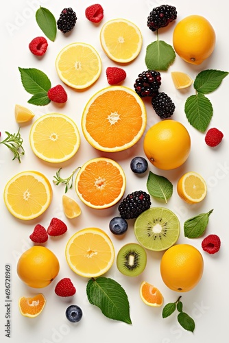 set of different fruits and berries on white background. Top view.